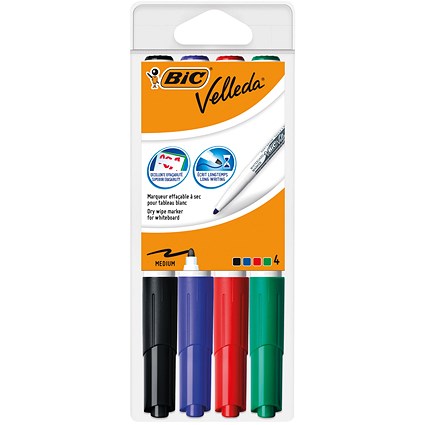 Velleda Drwipe Marker, Bullet, Assorted, Pack of 4
