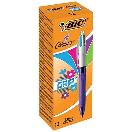 Bic 4 Colours Grip Fashion Retractable Ballpoint Pen, Pack of 12