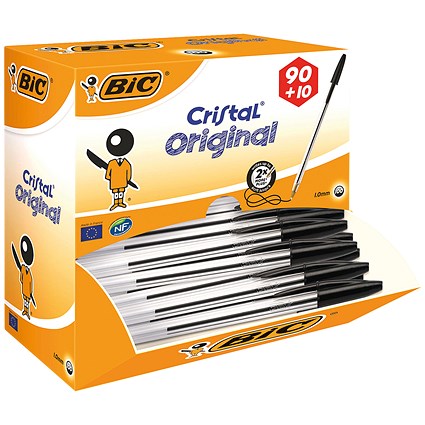 Bic Cristal Ball Pen, Clear Barrel, Black, Pack of 100