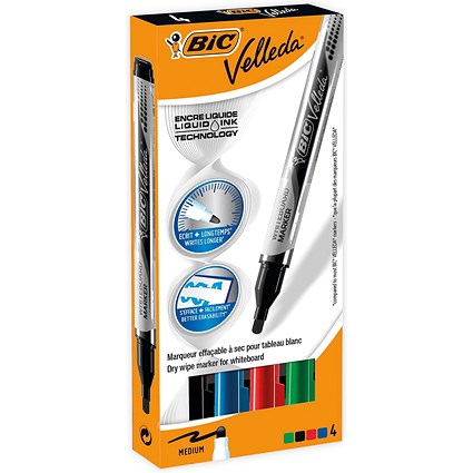 Bic Velleda Liquid Ink Drywipe Marker Assorted (Pack of 4)