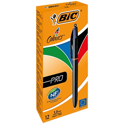 Bic 4-Colour Pro Ball Pen, Blue Black Red Green, Pack of 12