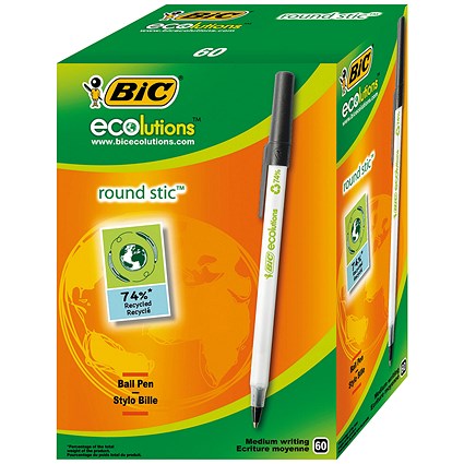 Bic Ecolutions Stic Recycled Ballpoint Pen, Slim, Black, Pack of 60