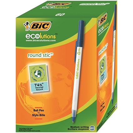 Bic Ecolutions Stic Recycled Ballpoint Pen, Slim, Blue, Pack of 60