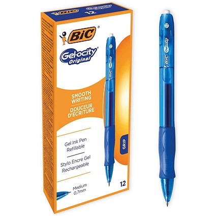 Bic Velocity Retractable Gel Rollerball Pen, Comfort Grip, Blue, Pack of 12