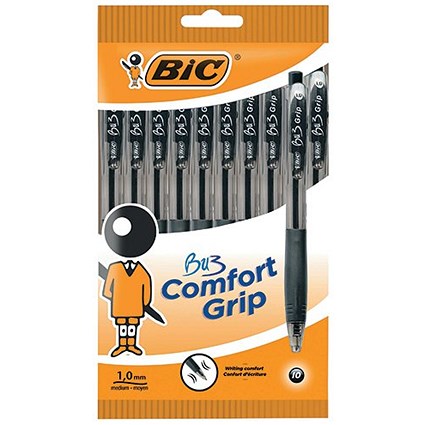Bic BU3 Grip Retractable Ballpoint Pen, Black, Pack of 10
