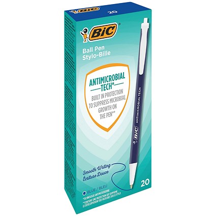 Bic Clic Stic Antimicrobial Ballpoint Pen, Blue, Pack of 20