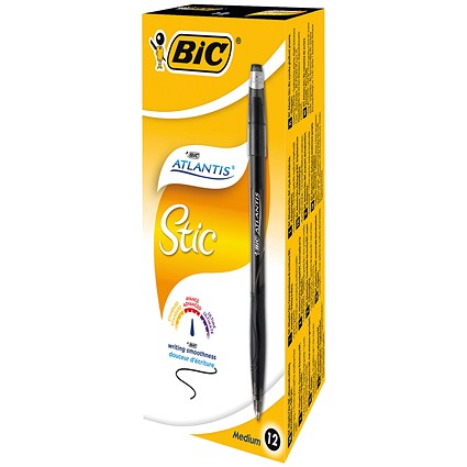 Bic Atlantis Ball Pen, Cushion Grip, Black, Pack of 12