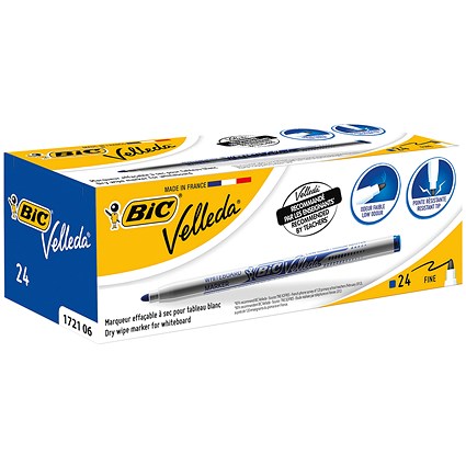 Bic Velleda 1721 Drywipe Marker, Blue, Pack of 24