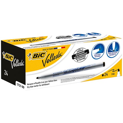 Bic Velleda 1721 Drywipe Marker, Black, Pack of 24