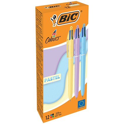 Bic 4 Colours Ballpoint Pen, Pastel Barrel, Medium, Pack of 12 Bic 4 Colours Ballpoint Pen, Pastel Barrel, Medium, Pack of 12