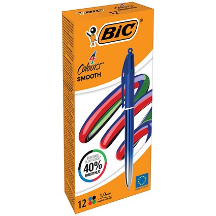 Bic 4 Colours Pro Ballpoint Pen, Blue Barrel, Medium, Pack of 12 Bic 4 Colours Pro Ballpoint Pen, Blue Barrel, Medium, Pack of 12