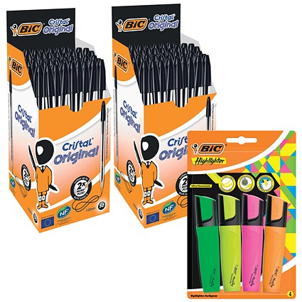 Bic Cristal Ball Pen, Clear Barrel, Black, Pack of 50 - Buy 2 Get Bic Marking Highlighter Chisel Tip Assorted (Pack of 4) Free