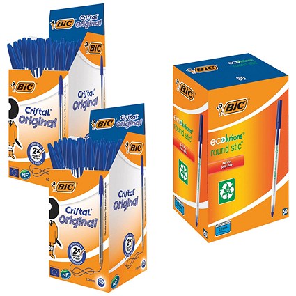 Bic Cristal Ball Pen, Clear Barrel, Blue, Pack of 50 - Buy 2 Packs Get Bic ECOlutions Blue Free