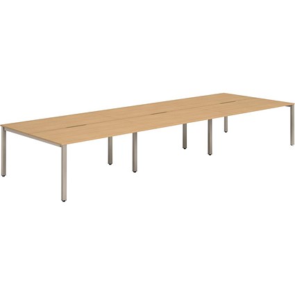 Impulse 6 Person Bench Desk, Back to Back, 6 x 1400mm (800mm Deep), Silver Frame, Beech