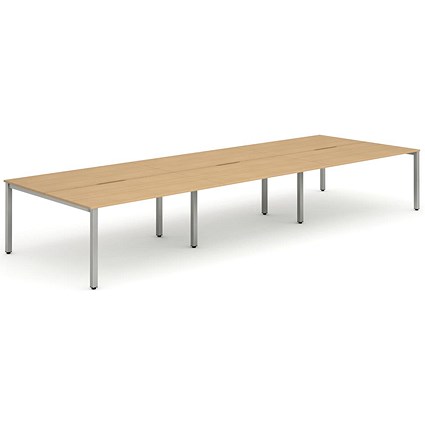Impulse 6 Person Bench Desk, Back to Back, 6 x 1200mm (800mm Deep), Silver Frame, Beech