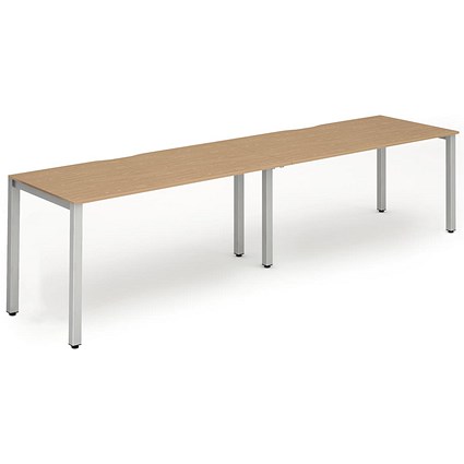 Impulse 2 Person Bench Desk, Side by Side, 2 x 1200mm (800mm Deep), Silver Frame, Oak