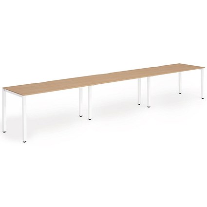 Impulse 3 Person Bench Desk, Side by Side, 3 x 1200mm (800mm Deep), White Frame, Beech