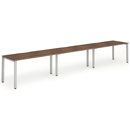 Impulse 3 Person Bench Desk, Side by Side, 3 x 1600mm (800mm Deep), Silver Frame, Walnut