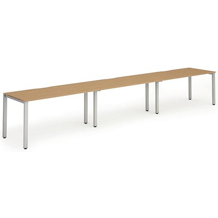 Impulse 3 Person Bench Desk, Side by Side, 3 x 1200mm (800mm Deep), Silver Frame, Oak