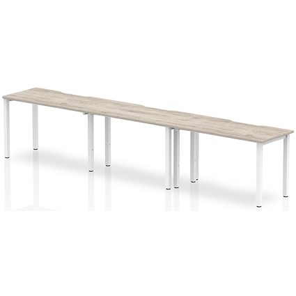 Impulse 3 Person Bench Desk, Side by Side, 3 x 1200mm (800mm Deep), White Frame, Grey Oak