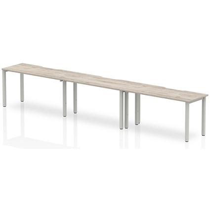 Impulse 3 Person Bench Desk, Side by Side, 3 x 1400mm (800mm Deep), Silver Frame, Grey Oak