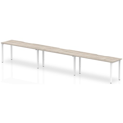 Impulse 3 Person Bench Desk, Side by Side, 3 x 1600mm (800mm Deep), White Frame, Grey Oak