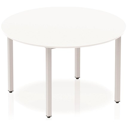 Impulse Circular Table, 1200mm, White, Silver Box Frame Leg