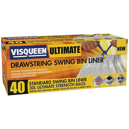 Visqueen Ultimate Drawstring Swing Bin Liner 30 Litre White (Pack of 40) Visqueen Ultimate Drawstring Swing Bin Liner 30 Litre White (Pack of 40)