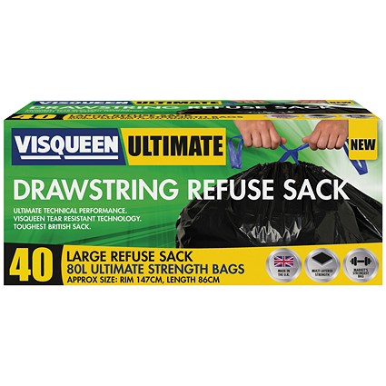 Visqueen Ultimate Drawstring Refuse Sack 80 Litre Black (Pack of 40) Visqueen Ultimate Drawstring Refuse Sack 80 Litre Black (Pack of 40)