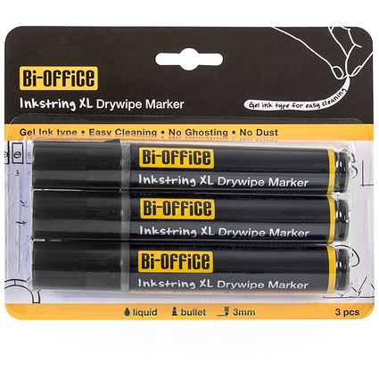 Bi-Office Inkstring XL Drywipe Markers, Black, Pack of 3 Bi-Office Inkstring XL Drywipe Markers, Black, Pack of 3