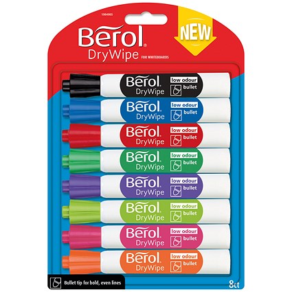 Berol Drywipe Marker, Bullet Tip, Assorted, Pack of 8