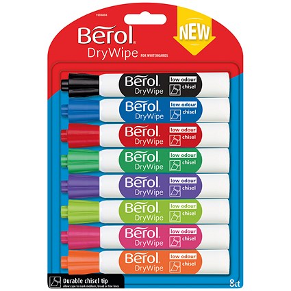 Berol Drywipe Marker, Chisel Tip, Assorted, Pack of 8