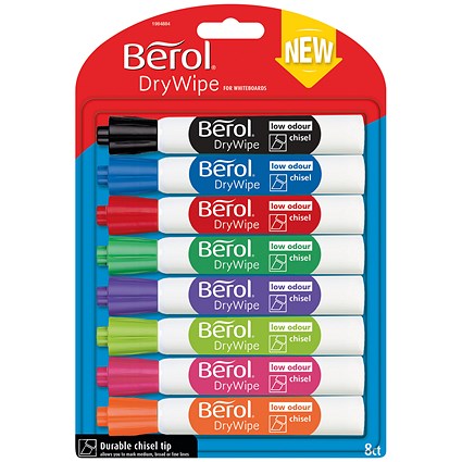 Berol Drywipe Marker, Chisel Tip, Assorted, Pack of 8 Berol Drywipe Marker, Chisel Tip, Assorted, Pack of 8