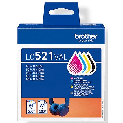 Brother Black Cyan Magenta Yellow Standard Capacity Ink Cartridge Multi Pack 500 pages each- LC521VAL