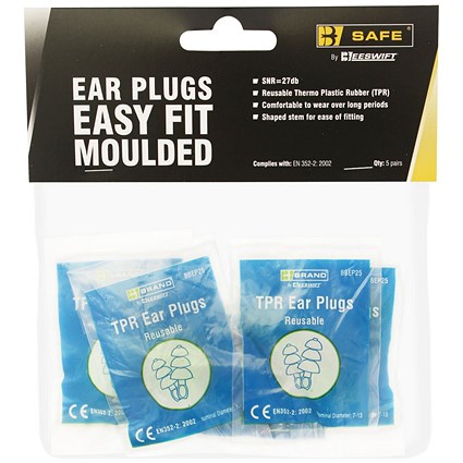 Beeswift B-Safe TPR Easy Fit Earplugs, Green, Pack of 5 Pairs