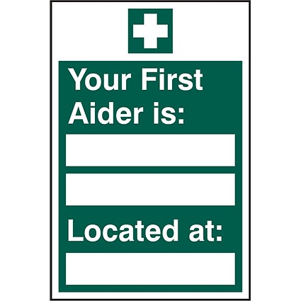 B-Safe Your First Aider Is Located At Sign, 200x300mm, Self Adhesive, Pack of 5