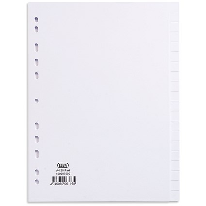 Elba Reinforced Board Subject Dividers, 20-Part, Blank Tabs, A4, White