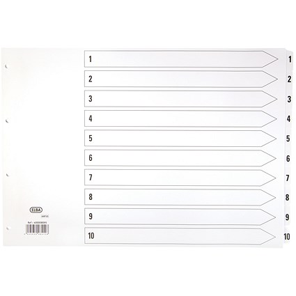 Elba Reinforced Board Index Dividers, 1-10, Clear Tabs, A3, White