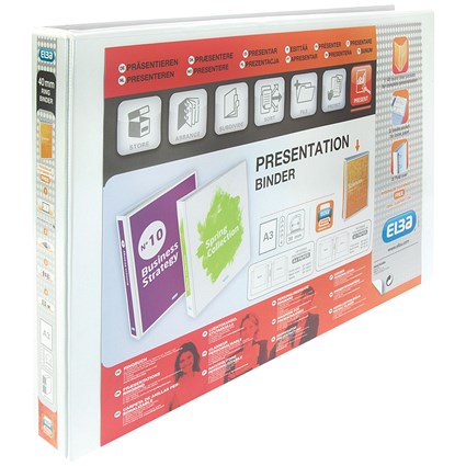 Elba Panorama Ring Binder, A3, 4 D-Ring, 30mm Capacity, Landscape, White, Pack of 2 Elba Panorama Ring Binder, A3, 4 D-Ring, 30mm Capacity, Landscape, White, Pack of 2