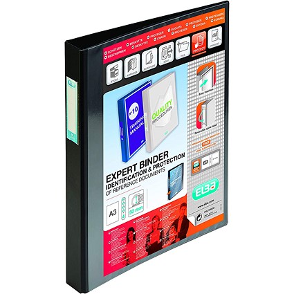 Elba Vision Ring Binder, A3, 4 D-Ring, 30mm Capacity, Portrait, Black