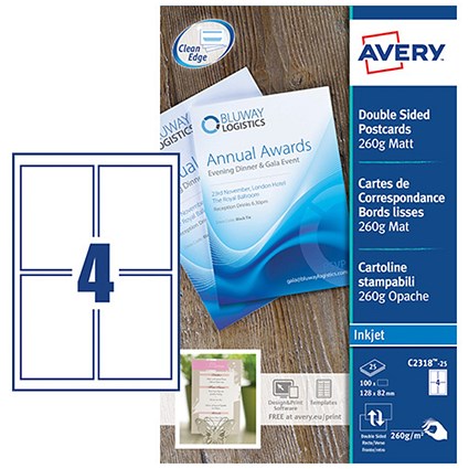 Avery Printable Cards 128mm x 82mm Inkjet Prints on Both Sides 100 Cards/25 Sheets (Pack 100 Cards) - C2318-25