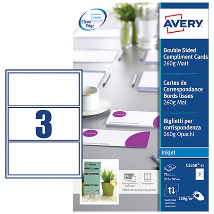Avery Compliment Cards 210mm x 99mm Inkjet Prints on Both Sides 75 Cards / 25 Sheets - C2358-25