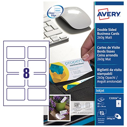 Avery Business Cards 85mm x 54mm Inkjet Prints on Both Sides 100 Cards/10 sheets (Pack 100 Cards) -