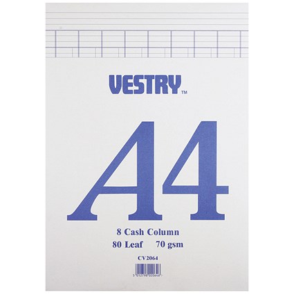 Details about   Vestry Accountancy Pads 8 Cash Column A4 80 Leaf 70 GSM Box of 5 