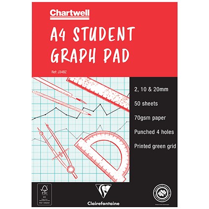 Chartwell Graph Pad, A4, 2/10/20mm Squares, 50 Hole-punched Sheets