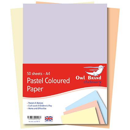 Coloured Paper - Assorted Pastel Colours, A4, 80gsm - 10 Packs of 50 Sheets (500 Sheets)