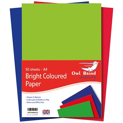 Coloured Paper - Assorted Bright Colours, A4, 80gsm - 10 Packs of 50 Sheets (500 Sheets)