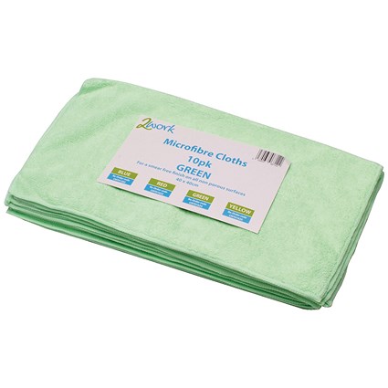 2Work Microfibre Cloth, 400x400mm, Green, Pack of 10