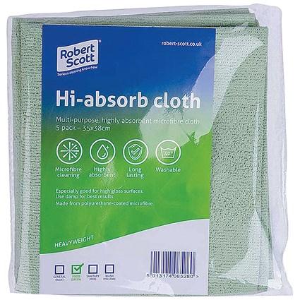 Robert Scott Hi-Absorb Microfibre Cloth, 350x380mm, Green, Pack of 5