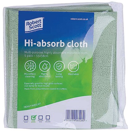 Robert Scott Hi-Absorb Microfibre Cloth Green (Pack of 5) 103986GREEN